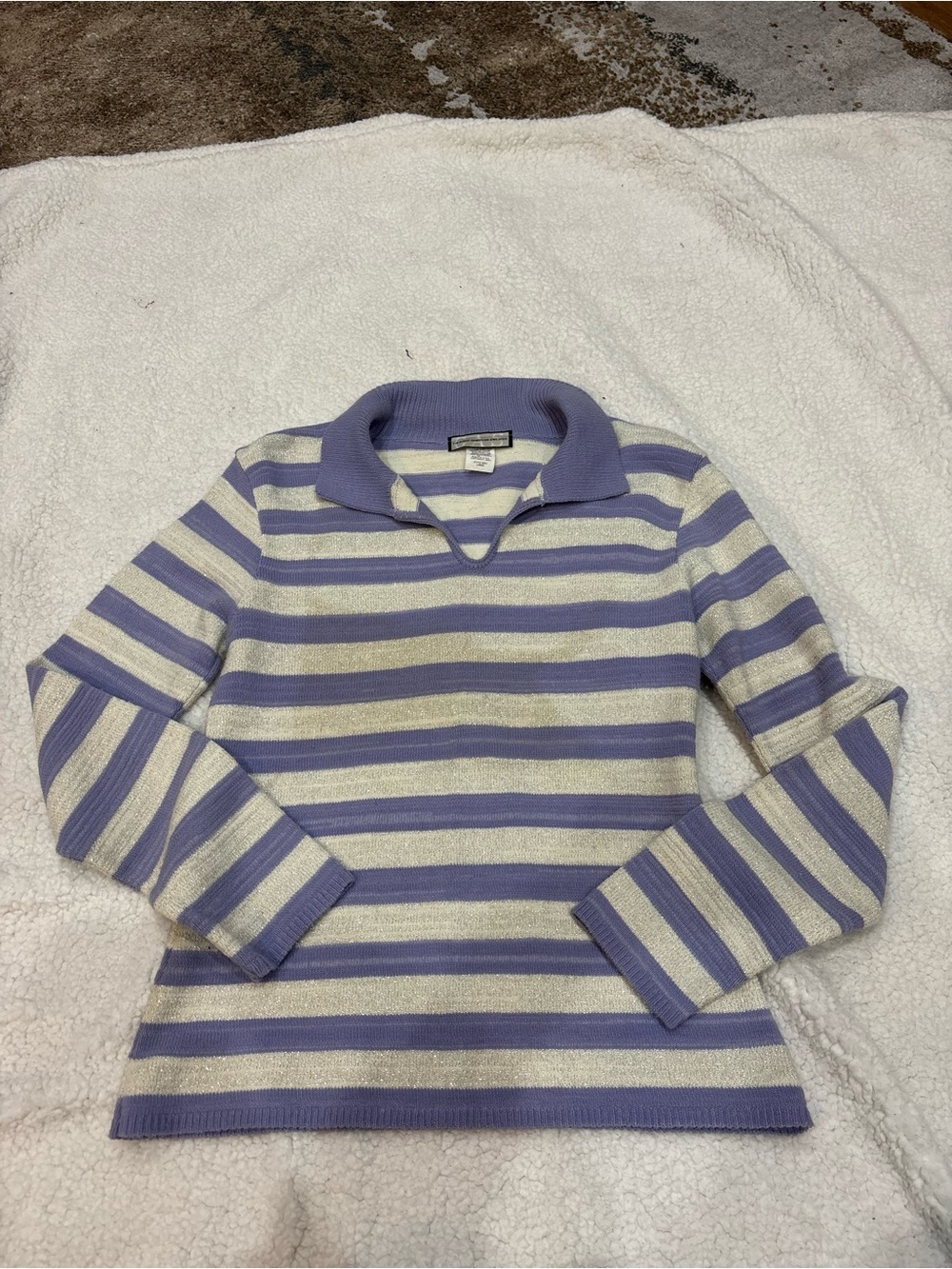 Striped Lavender & Cream Collared Knit Sweater Large
